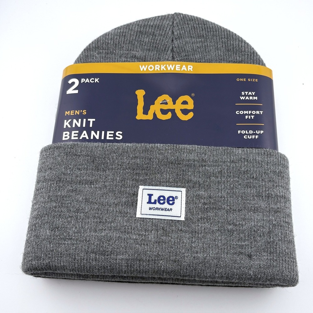 Lee Mens 2 Pack Knit Beanies Charcoal Heather Jet Black Workwear New